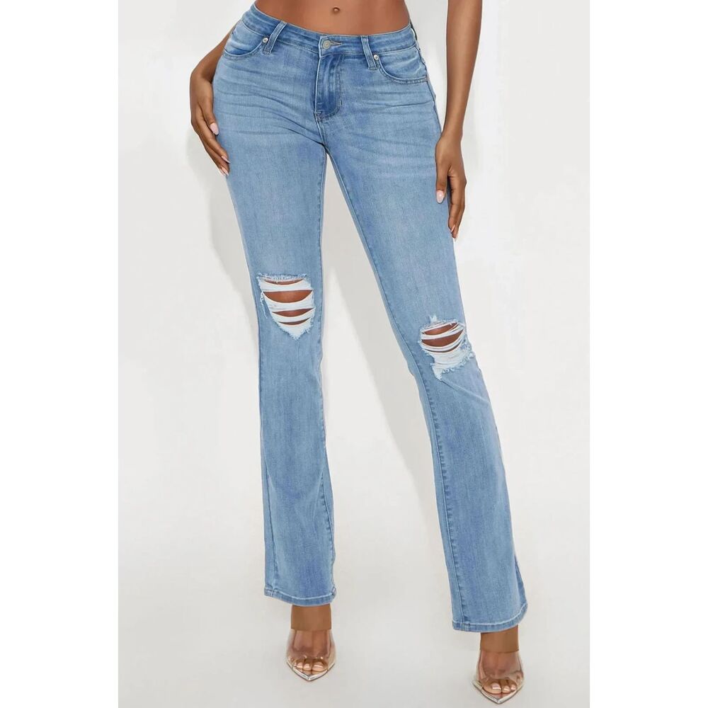 Fashion Nova light-wash, distressed high-rise flare jeans. Size 15